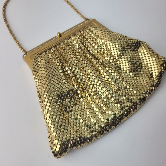 Vintage Whiting & Davis Gold Mesh Evening Bag Clutch Purse Rhinestone Frame - Picture 3 of 12